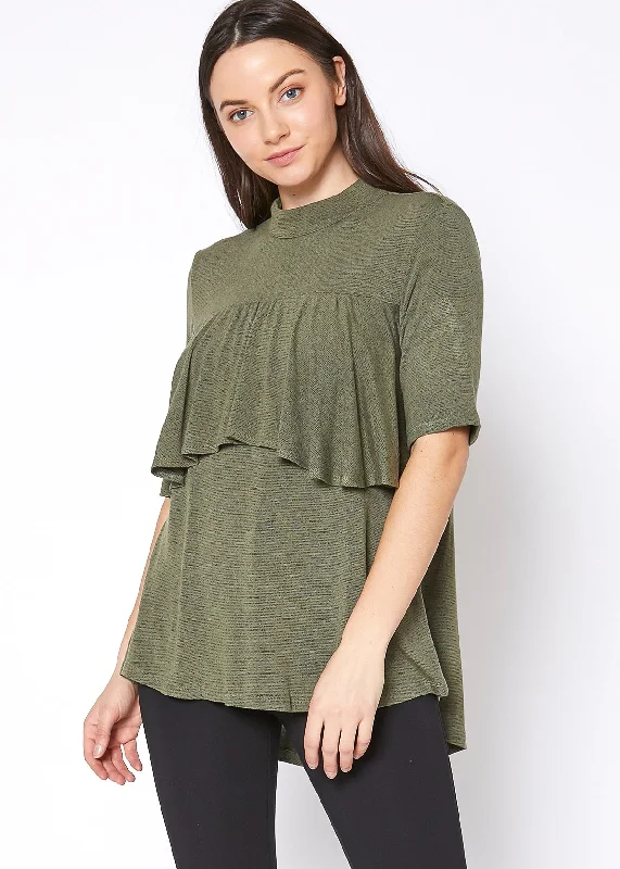 Women's Comfy Attire For Lounging Women's Mock Neck Short Sleeve Ruffled Yoke Top