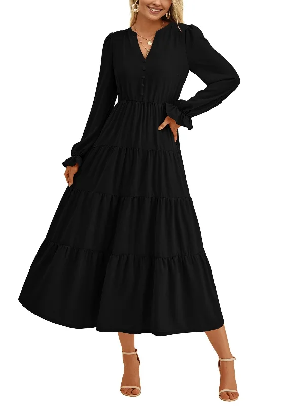 Women's Holiday Apparel PRETTYGARDEN Women's Fall Maxi Dress Long Sleeve V Neck Tiered Ruffle Flowy A Line Cocktail Party Dresses (Black,X-Large)