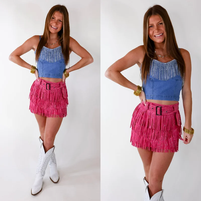 Women's Occasion Wear Clothing Broadway Lights Crystal Fringe Crop Top with Spaghetti Straps in Denim