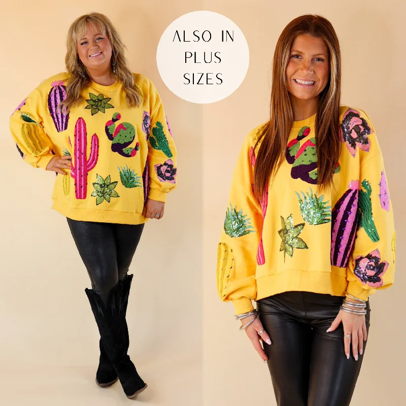 Women's Clothing For Work Queen Of Sparkles | Desert Daisy Sequin Cacti Long Sleeve Sweatshirt in Yellow