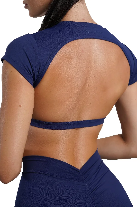 Women's Elegant Clothes OPEN BACK CROP TEE - NAVY