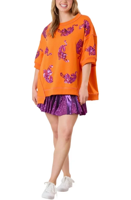 Stylish Women's Garments Tigers Sequins Embroidery Short Sleeve Top In Orange / Purple