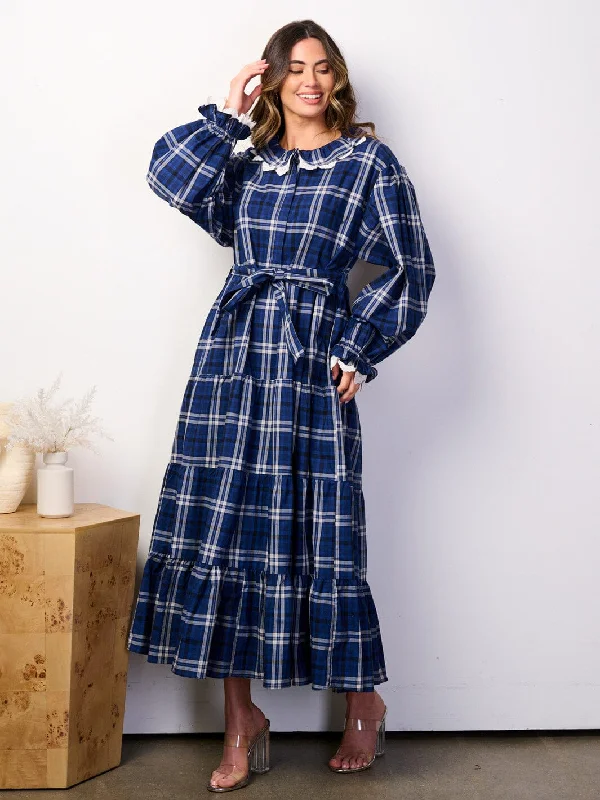 Casual Outfit For Women WOMEN'S LONG SLEEVE BUTTON UP POCKETS SELF TIE GINGHAM MAXI DRESS