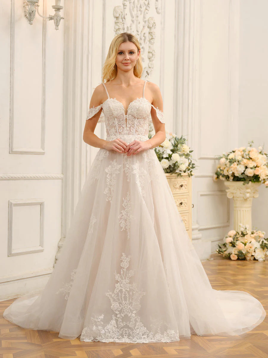 Women's Evening Apparel Off-The-Shoulder Sleeveless Long Tulle Wedding Dresses With Appliques