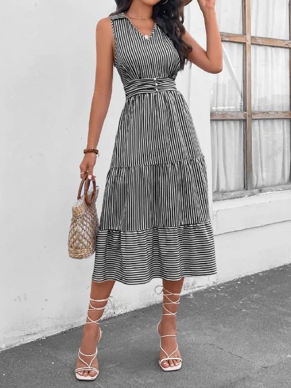 Women's Clothes For The Office Striped Johnny Collar Sleeveless Midi Dress