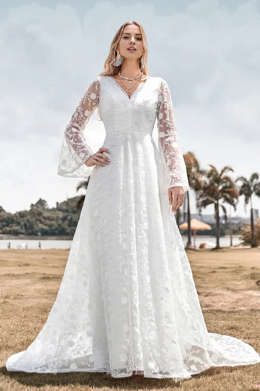 Women's Functional Outdoor Garments Beauty A Line V Neck Ivory Lace Flare Sleeves Wedding Dress