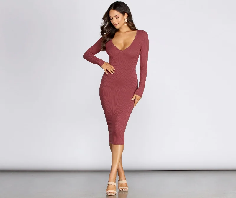 Women's Chic Outerwear Attire V Mine Ribbed Knit Midi Dress