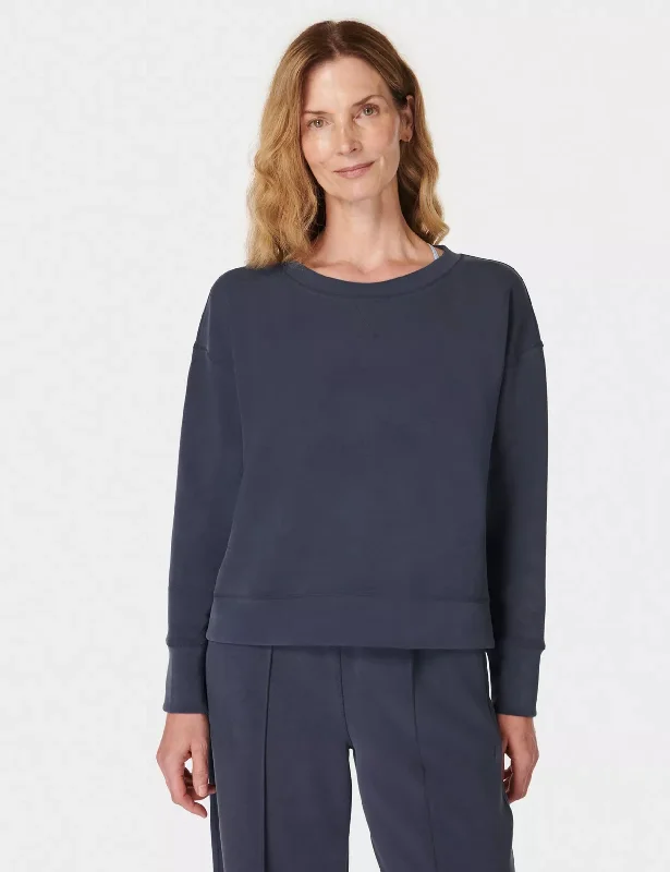 Women's Comfy Loungewear Outfit Sand Wash Pullover - Navy Blue